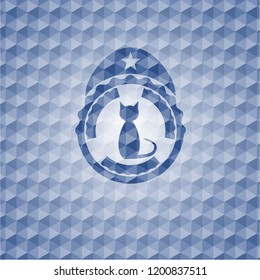 cat icon inside blue badge with geometric background.