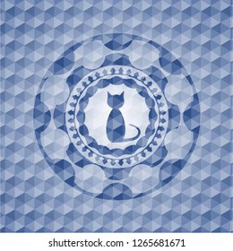 cat icon inside blue badge with geometric pattern.