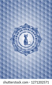 cat icon inside blue badge with geometric pattern background.