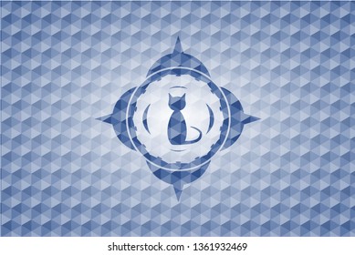 cat icon inside blue badge with geometric pattern background.