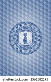 cat icon inside blue badge with geometric background.