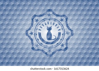 cat icon inside blue badge with geometric pattern.