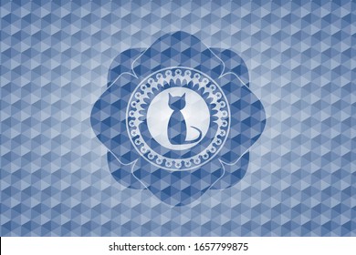 cat icon inside blue badge with geometric pattern background.