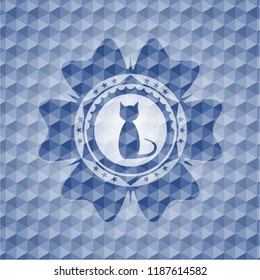 cat icon inside blue emblem or badge with abstract geometric polygonal pattern background.