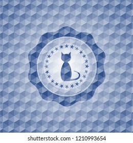 cat icon inside blue emblem or badge with geometric pattern background.