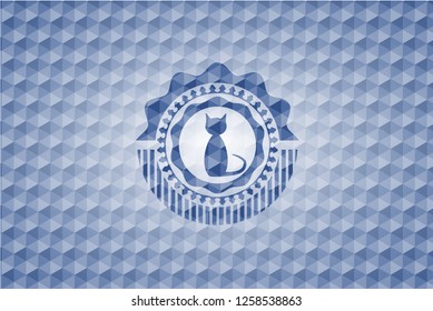 cat icon inside blue emblem or badge with abstract geometric polygonal pattern background.