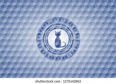 cat icon inside blue emblem or badge with abstract geometric polygonal pattern background.