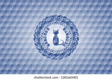 cat icon inside blue emblem with geometric pattern background.