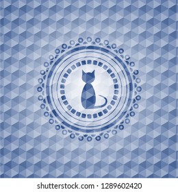 cat icon inside blue emblem with geometric background.