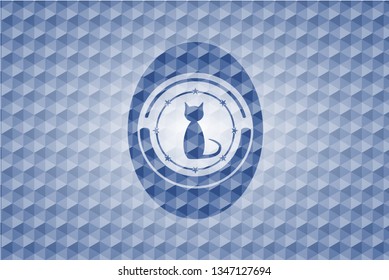 cat icon inside blue emblem with geometric background.