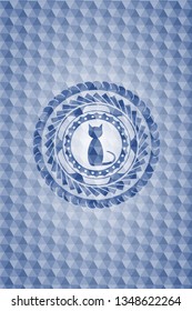 cat icon inside blue emblem with geometric background.