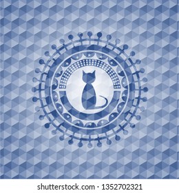 cat icon inside blue emblem with geometric pattern background.