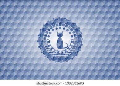 cat icon inside blue emblem with geometric background.