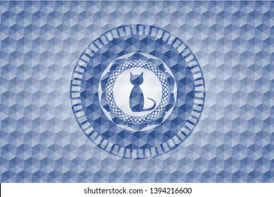 cat icon inside blue emblem with geometric pattern background.