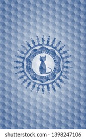 cat icon inside blue emblem or badge with geometric pattern background.