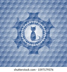 cat icon inside blue emblem or badge with abstract geometric polygonal pattern background.