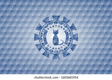 cat icon inside blue emblem or badge with geometric pattern background.