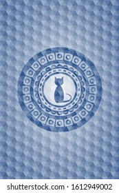 cat icon inside blue emblem with geometric pattern.