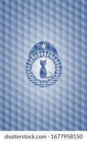 cat icon inside blue emblem or badge with abstract geometric pattern background.