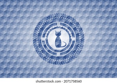 cat icon inside blue emblem with geometric pattern background. 