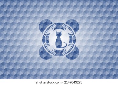 cat icon inside blue emblem with geometric pattern background. 