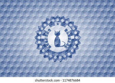 cat icon inside blue hexagon badge.