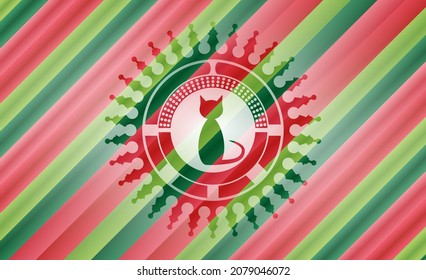 cat icon inside christmas colors emblem. 