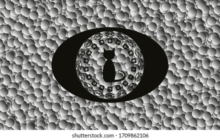 cat icon inside dark badge with grey bubbles background. Vector Illustration. Detailed. 