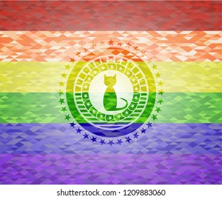 cat icon inside emblem on mosaic background with the colors of the LGBT flag