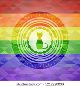 cat icon inside emblem on mosaic background with the colors of the LGBT flag