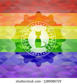 cat icon inside emblem on mosaic background with the colors of the LGBT flag