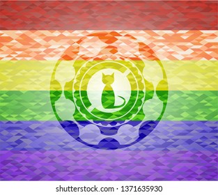 cat icon inside emblem on mosaic background with the colors of the LGBT flag