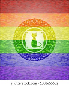 cat icon inside emblem on mosaic background with the colors of the LGBT flag