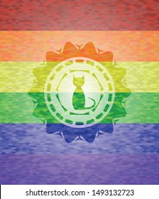 cat icon inside emblem on mosaic background with the colors of the LGBT flag