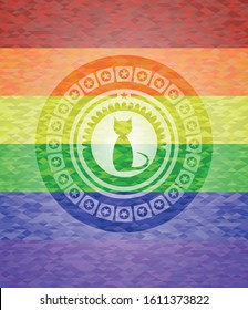 cat icon inside emblem on mosaic background with the colors of the LGBT flag
