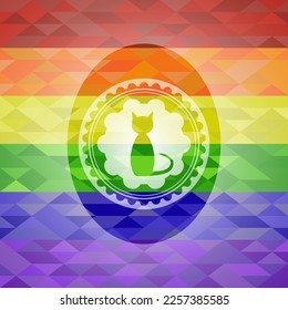 cat icon inside emblem on mosaic background with the colors of the LGBT flag. 