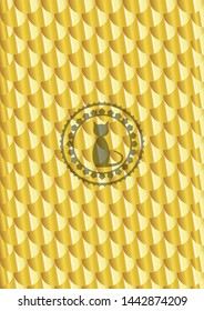 cat icon inside gold emblem. Scales pattern. Vector Illustration. Detailed.