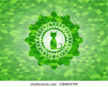cat icon inside green emblem with mosaic background