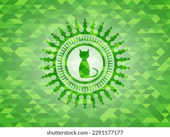 cat icon inside green emblem with triangle mosaic background. 