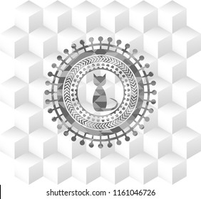 cat icon inside grey badge with geometric cube white background