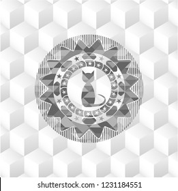 cat icon inside grey badge with geometric cube white background