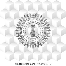 cat icon inside grey badge with geometric cube white background