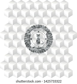 cat icon inside grey badge with geometric cube white background
