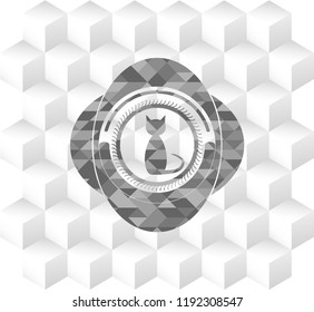 cat icon inside grey icon or emblem with geometric cube white background