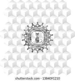 cat icon inside grey emblem with geometric cube white background