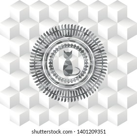 cat icon inside grey emblem with cube white background