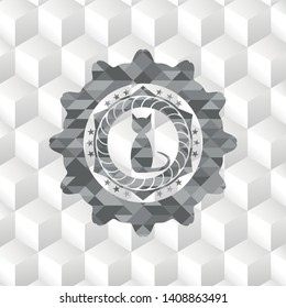cat icon inside grey emblem. Vintage with geometric cube white background