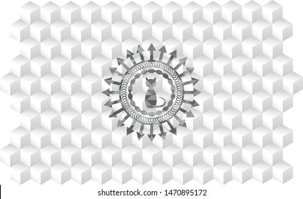cat icon inside grey emblem. Retro with geometric cube white background