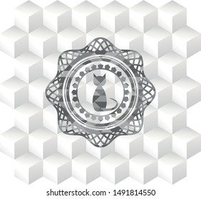 cat icon inside grey emblem. Vintage with geometric cube white background