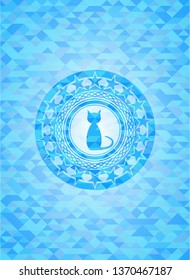 cat icon inside light blue emblem with mosaic ecological style background